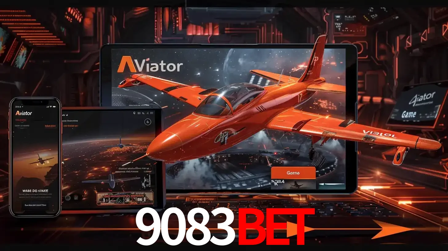 Apresentação tecnológica do jogo Aviator com um avião saindo da tela de um tablet, demonstrando a experiência imersiva em múltiplos dispositivos no 9083bet.