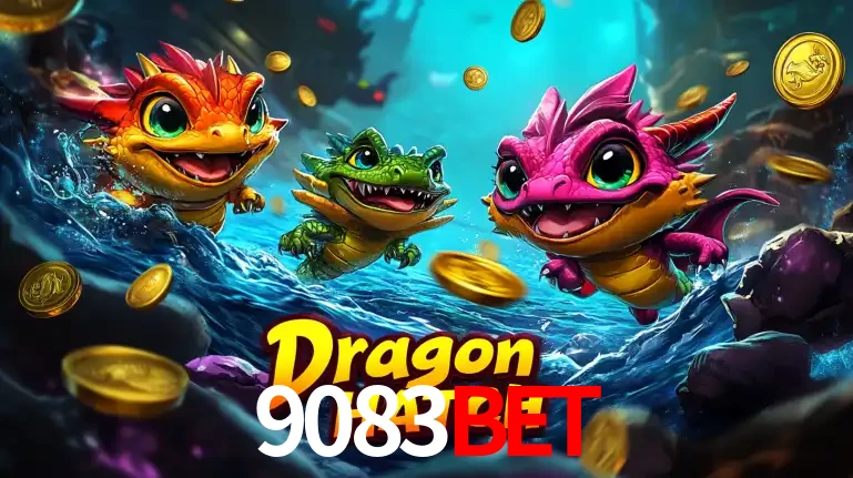 Arte promocional do jogo Dragon Hatch com três adoráveis dragões bebês nadando entre moedas de ouro, um dos slots mais divertidos para jogar no cassino 9083bet.