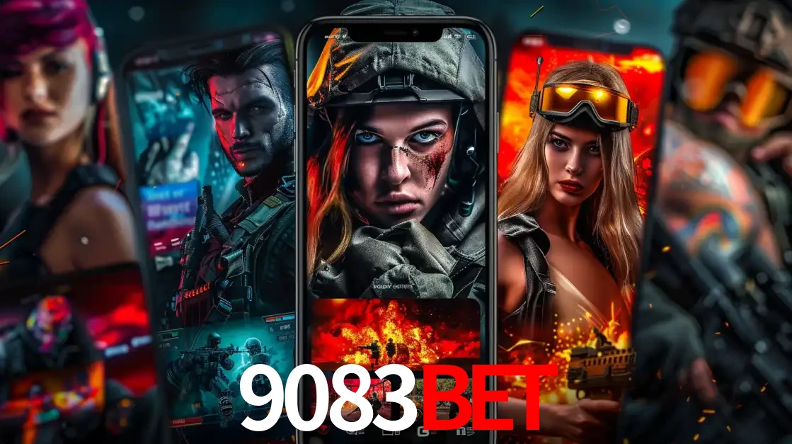 Montagem de telas de celular mostrando diversos personagens, masculinos e femininos, de um jogo de tiro, ilustrando a diversidade de equipes de e-sports para apostar no 9083bet.