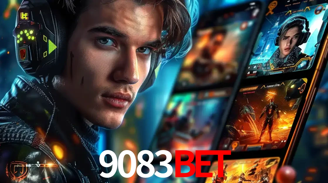 Jovem jogador com fones de ouvido olhando para a câmera, com um aplicativo de jogos e e-sports para celular ao fundo, pronto para a competição e apostas no 9083bet.