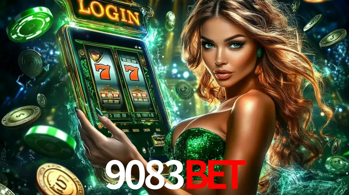 Mulher com tema verde apresentando o aplicativo do cassino 9083bet com um jogo de slot de 777, cercada por fichas de cassino e uma aura de sorte.