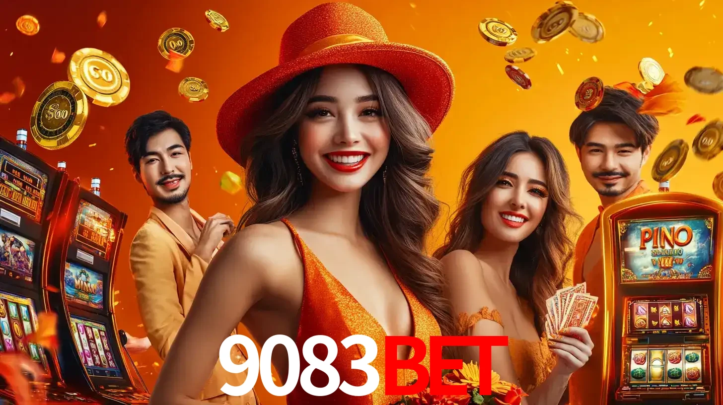 Grupo de amigos asiáticos sorrindo e se divertindo com máquinas de caça-níqueis em um ambiente festivo, celebrando suas vitórias nos jogos de cassino do 9083bet.