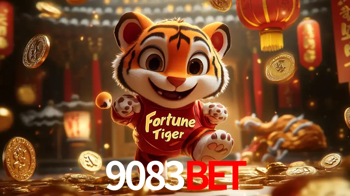 O alegre personagem do Fortune Tiger correndo sobre um caminho de moedas de ouro, simbolizando os grandes prêmios e a diversão do popular jogo de slot do 9083bet.