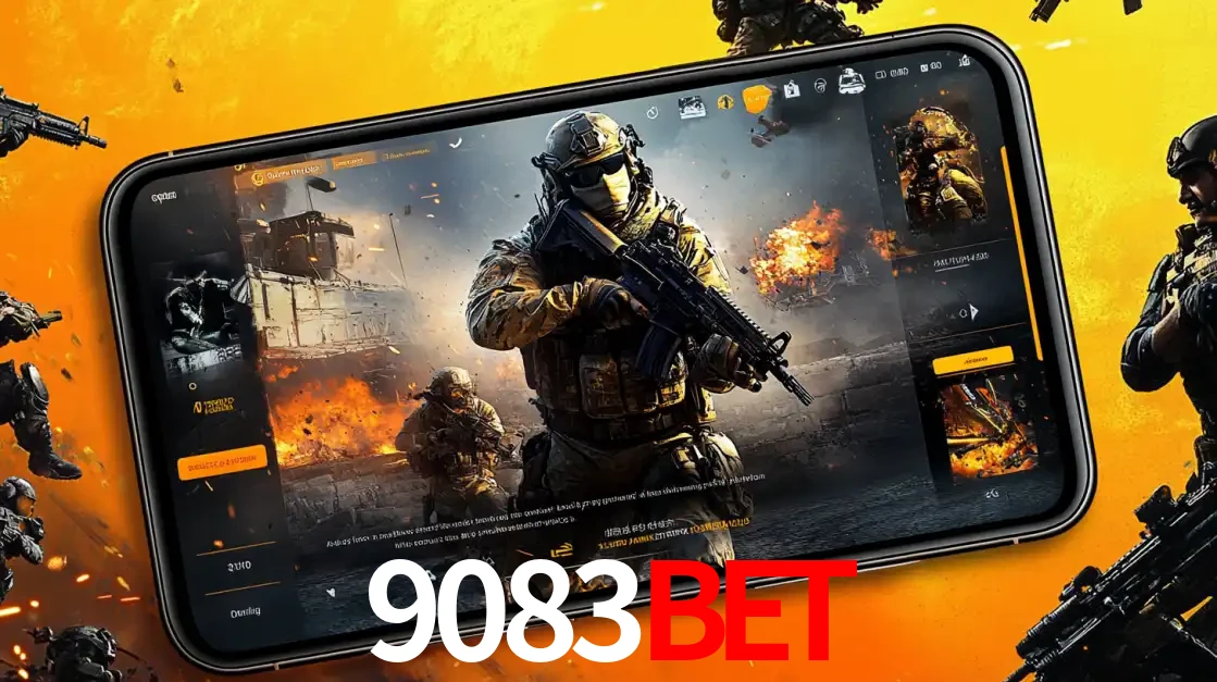 Um smartphone exibindo a interface de um jogo de tiro em primeira pessoa, com um soldado em um cenário de batalha, representando a ação dos e-sports para apostar no 9083bet.
