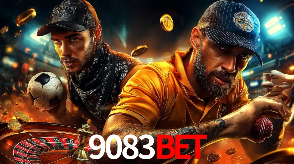 Montagem de apostas esportivas e cassino no 9083bet, com um homem segurando uma bola de futebol e outro uma de beisebol sobre uma roleta e moedas voadoras.