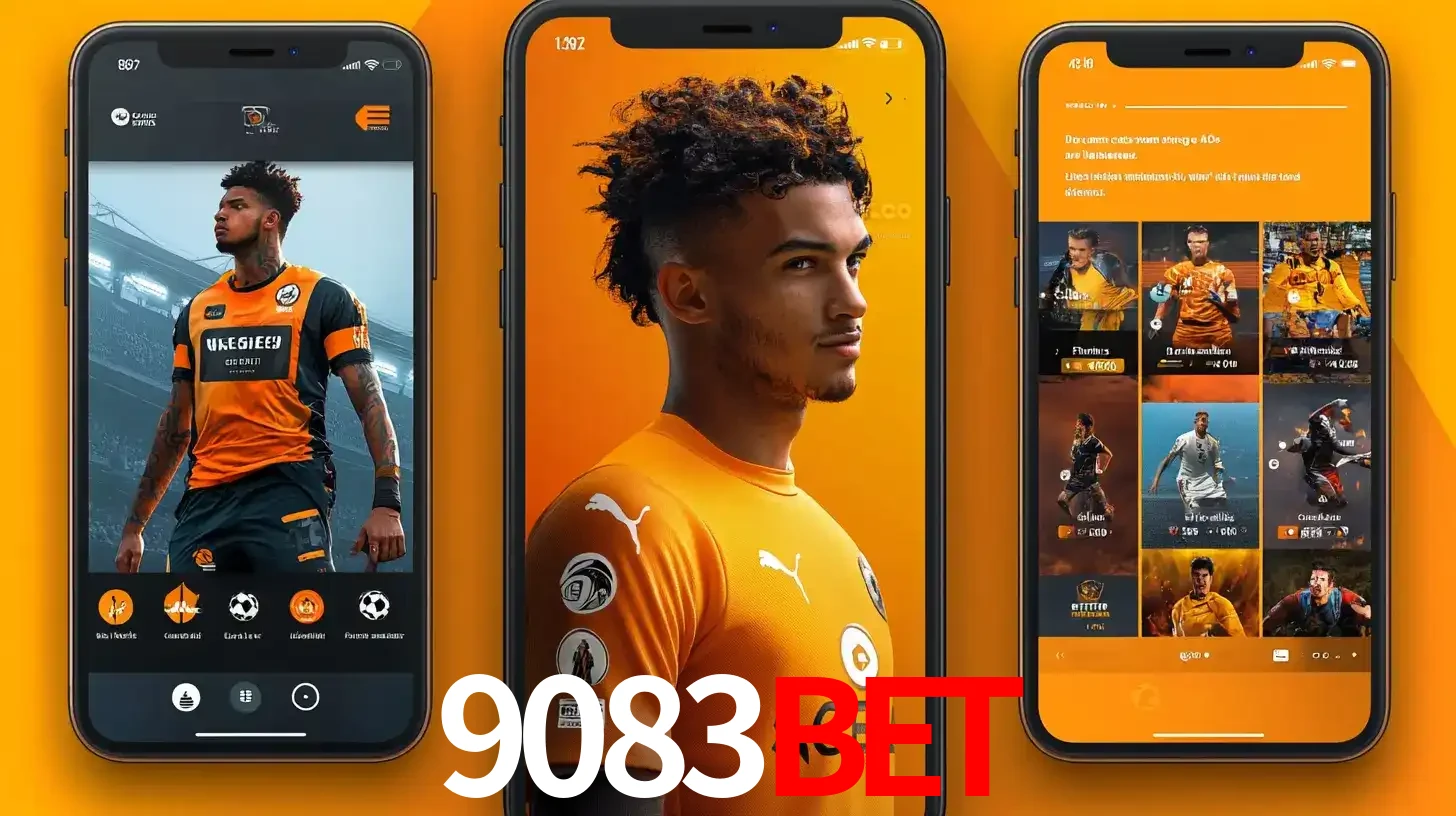 Interface do aplicativo de apostas esportivas 9083bet em três telas de celular, mostrando o perfil de um jogador de futebol e a lista de jogos disponíveis para apostar.