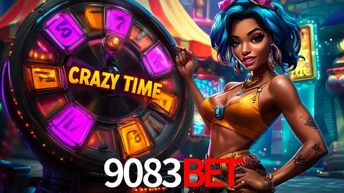 Mulher estilizada com cabelo azul e visual vibrante posando ao lado da roda de prêmios do game show Crazy Time, convidando para a diversão e os bônus do cassino 9083bet.