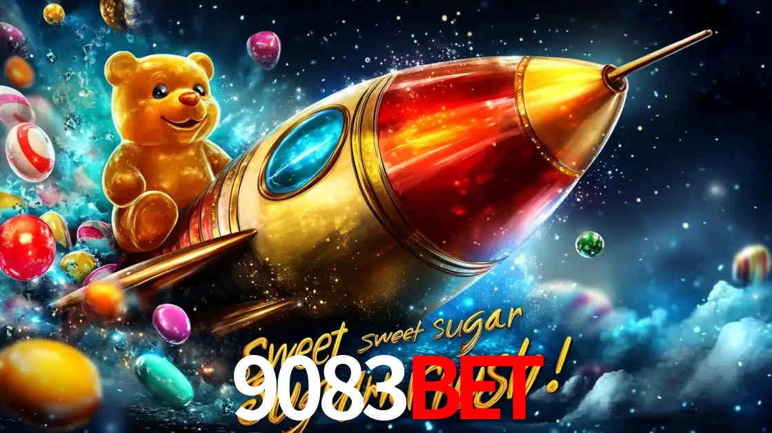 Arte promocional do jogo de slot Sugar Rush, com um urso de pelúcia em um foguete viajando pelo espaço de doces, um dos jogos divertidos disponíveis no cassino 9083bet.