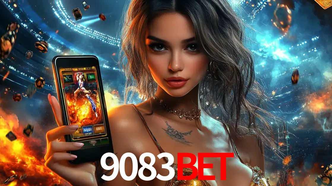 Mulher segurando um celular com um jogo de slot em destaque, tendo como fundo um estádio vibrante, simbolizando a emoção de jogar no cassino móvel 9083bet.