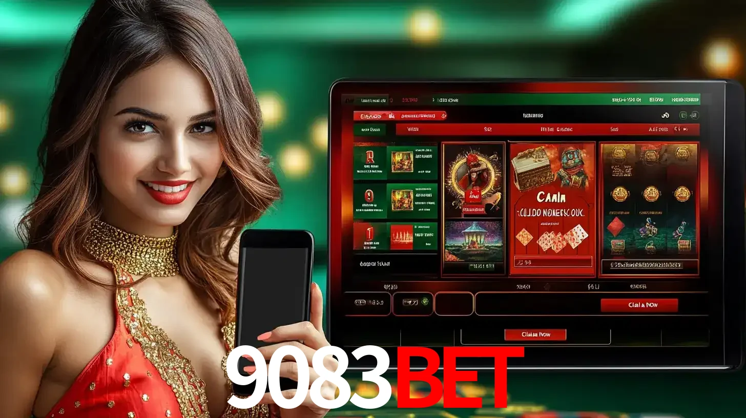 Mulher sorridente segurando um smartphone, ao lado de uma tela exibindo o lobby de jogos do cassino online 9083bet, com várias opções de jogos de cartas e slots.
